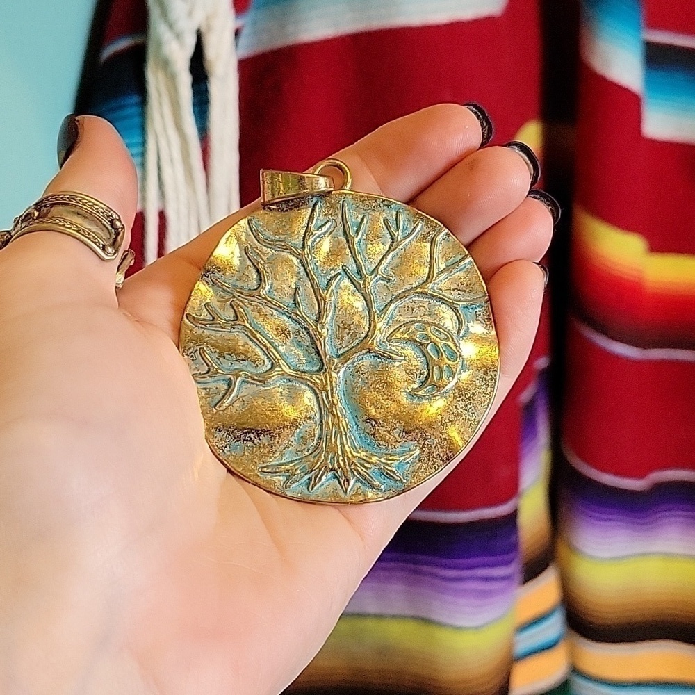 Pale Golden & Teal Colored Tree Of Life And Moon Bigger Pendant - Picture 7 of 7
